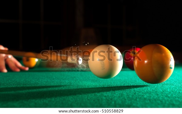 Action Shot\
Billiards Table Pool Cue and\
Balls