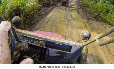 Action Shot Of Driving A Mud Buggy On An Off Roading Adventure Through The Jungle. First Person Perspective, Point Of View Of The Driver.