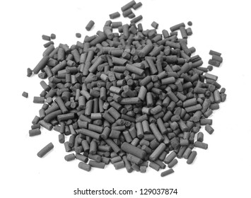 Activated carbon granules on white background