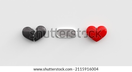 Activated love toggle switch. Switcher between a scarlet red heart and a broken black heart as a love relationship concept. Modern mode switch
