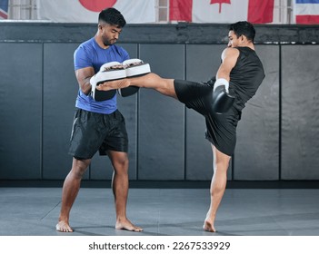 Active, athletes and fit men kick boxing and doing sport training workout in a gym. Two male partners or MMA boxer and trainer practice sparring exercises for a healthy wellness lifestyle. - Powered by Shutterstock