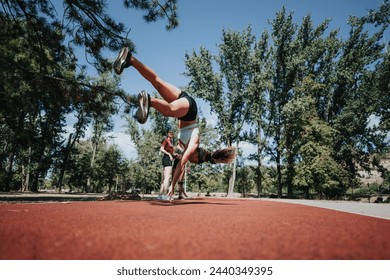 Active athletes training outdoors in a park. They're stretching, doing cartwheels, and enjoying a sunny day. Fit and full of energy, they motivate each other. - Powered by Shutterstock