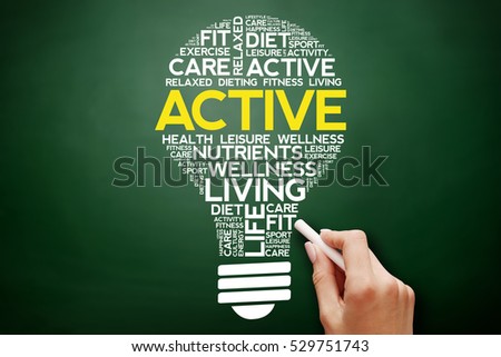 ACTIVE bulb word cloud collage, health concept on blackboard