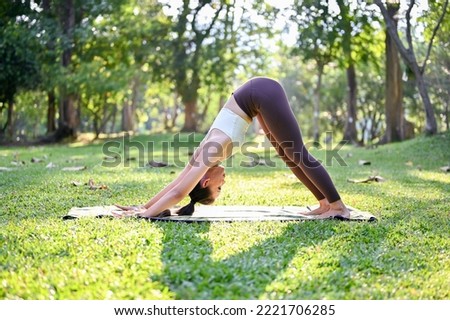Active and charming Asian woman in sportswear practicing Downward dog pose or Downward facing dog yoga pose, training yoga in the green beautiful park. side view