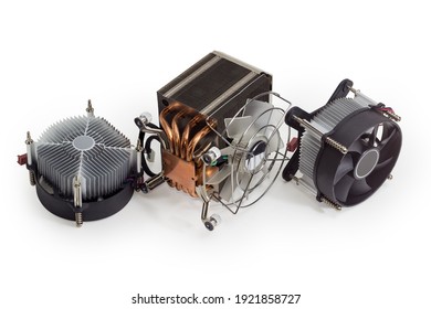 Active CPU cooler with large finned heatsink, fan, copper heat pipes and thermal pad, two coolers with aluminum finned heatsinks and fans on a white background