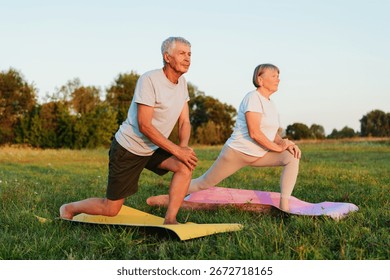 Active elderly couple in a park, doing a lunge stretch on yoga mats. Peaceful outdoor fitness, healthy senior lifestyle, and wellness.