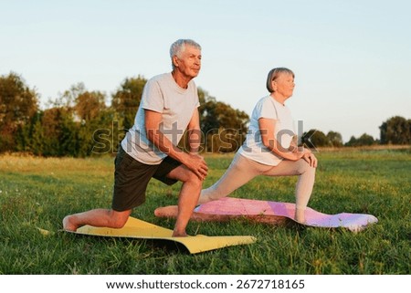 Active elderly couple in a park, doing a lunge stretch on yoga mats. Peaceful outdoor fitness, healthy senior lifestyle, and wellness.