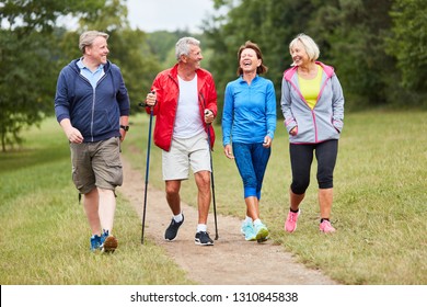 Active Group Of Seniors Together While Hiking In Nature