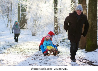 Active healthy grandparents and their happy grandchildren, toddler girl and teenage boy wearing colorful snowsuits enjoying a sledge ride in beautiful snowy forest on sunny winter day
