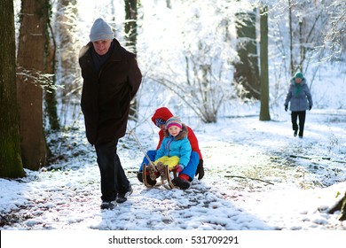 Active healthy grandparents and their happy grandchildren, toddler girl and teenage boy wearing colorful snowsuits enjoying a sledge ride in beautiful snowy forest on sunny winter day