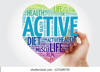 ACTIVE heart word cloud with marker, fitness, sport, health concept