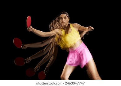 Active hobby. Young woman in colorful sportswear training, laying table tennis against black background with stroboscope effect. Concept of sport, active and healthy lifestyle, game - Powered by Shutterstock