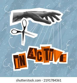 Active Or Inactive. Surreal Conceptual Poster. Human Hand Offers To Make A Choice Between Two Words. Concept Of Choice, Rights, Purpose And Meaning Of Life. Aesthetic Of Hands. Magazine Style