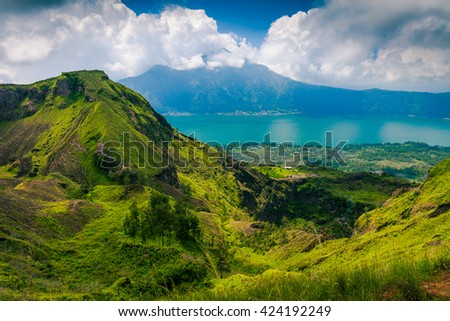 Active Indonesian volcano Batur in the tropical island Bali / Indonesia
