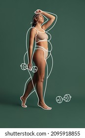 Active lifestyle  Contemporary artwork  Composition and young beautiful slim girl in underwear isolated over green background  Drawings overweight lines around body  Wellness  fitness