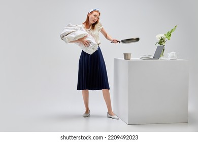 Active lifestyle of modern women. Business and housekeeping. Busy mother with baby, multitasking woman. Career, motherhood, business and emotions. Female rights, challenges, gender stereotypes - Shutterstock ID 2209492023