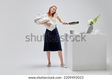 Active lifestyle of modern women. Business and housekeeping. Busy mother with baby, multitasking woman. Career, motherhood, business and emotions. Female rights, challenges, gender stereotypes