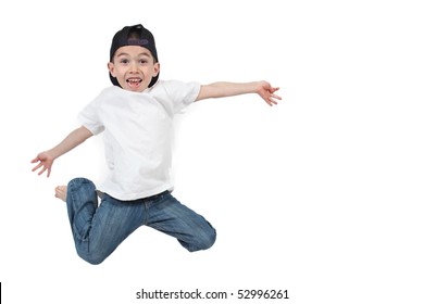 Active Little boy jumping on isolated white background