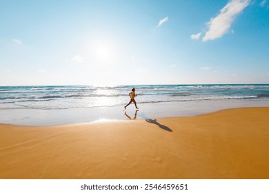 Active man jogging. Healthy lifestyle. a man runs barefoot along the beach by the sea. A young runner runs along an empty beach at dawn. run near the sea. - Powered by Shutterstock