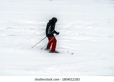 Active Man Ski Riding On Slope. Male Freeride Skier Moving On White Snow. Side View Of Male In Gray Coat And Red Pants Rides Downhill. Winter Sports During Snowfall