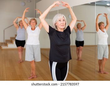 Active Mature Woman Visiting Choreography Class With Group Of Aged Females, Learning Classical Ballet Technique .