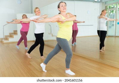 Active Mature Women Enjoying Training In Dance Studio, Dance Class For Adults