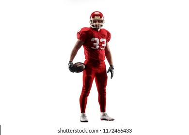 Active one american football player isolated on white background. Fit caucasian man in uniform posing over studio background. Human emotions and facial expressions concept - Powered by Shutterstock