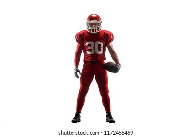 Active one american football player isolated on white background. Fit caucasian man in uniform posing over studio background. Human emotions and facial expressions concept - Powered by Shutterstock