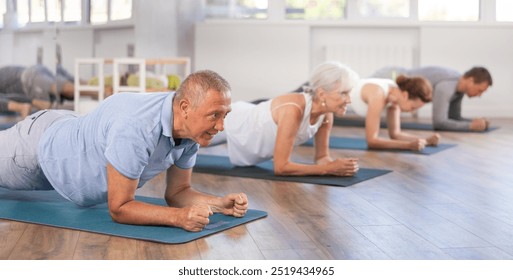 Active pensioners in sportswear performing plank exercise during group Pilates workout in fitness studio - Powered by Shutterstock