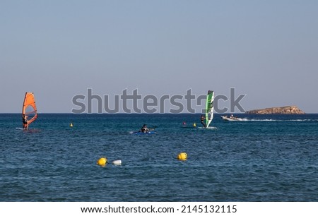 Active recreation, different types of water sports on the Mediterranean sea in summer, Greece