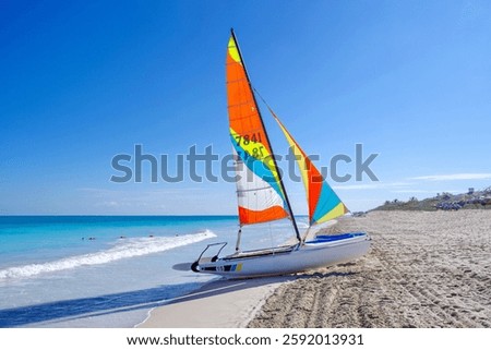 Active recreation, sport, water entertainment concept. Sailing catamaran on the Atlantic Ocean coast. Sports and recreation. Caribbean, Latin America. Varadero, Matanzas Province, Cuba.