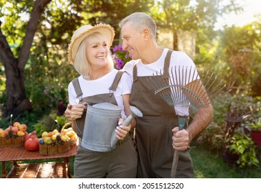 Active senior couple holding gardening tools, working together in their garden at sunny day. Happy spouses looking at each other and smiling, woman holding watering can, man with rake - Powered by Shutterstock