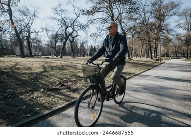 Active senior male cyclist rides along a peaceful park path, surrounded by leafless trees, symbolizing health and an outdoor lifestyle. - Powered by Shutterstock