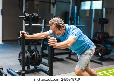 An active senior man is exercising by pushing a weighted sled in a gym. He smiles and has fun. - Powered by Shutterstock