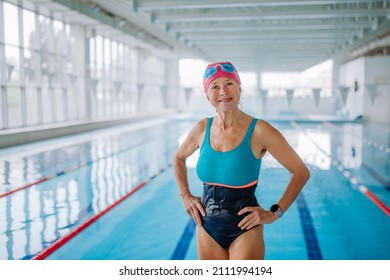 Active senior woman looking at camera and smiling after swim in indoors swimming pool. - Powered by Shutterstock