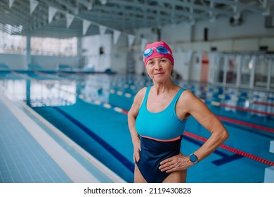 Active senior woman looking at camera and smiling after swim in indoors swimming pool.