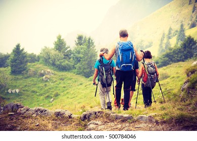 Active Seniors On Trip In Mountains, Group Of Tourists Living Healthy Active Lifestyle Enjoying Nature In Italy, Old Friends Walk In Nature, Summer Walking In Mountains, Tourists On Oour Of Rods