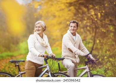 Active Seniors Riding Bikes In Autumn Nature. They Having Romantic Time Outdoor.