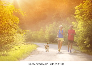 Active Seniors Running With Their Dog Outside In Green Nature