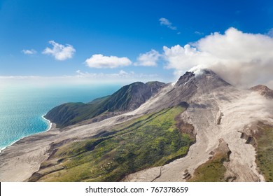 The Active Soufriere Hills Volcano In Montserrat Seen From Helicopter.