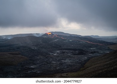 Active volcano eruption and lava flow in Fagradalsfjall volcano, Iceland. Reykjanes peninsula