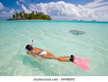 Active Woman Free Diving Snorkeling In Beautiful Blue Ocean On Summer Vacation