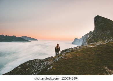 Active Woman Hiking In Mountains Outdoor Active Vacations Traveling Alone Adventure Healthy Lifestyle Girl Trail Running Above Clouds On Ridge