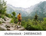 Active woman tourist with backpack enjoys the beautiful scenery of the majestic mountains. Travel, adventure. Concept of an active lifestyle.