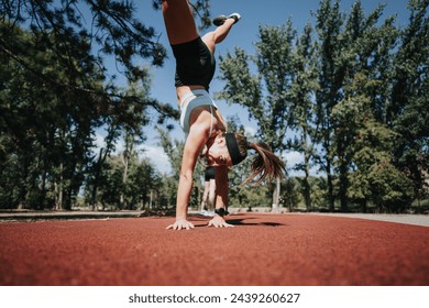 Active women training and enjoying a sunny day in the park, doing cartwheels and stretching. They embrace a healthy lifestyle and have fun exercising outdoors in a natural environment. - Powered by Shutterstock