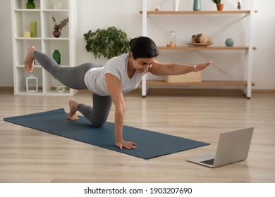 Active Young Female Of Indian Ethnicity Enjoy Yoga At Home Practice Static Tiger Asana. Mixed Race Woman Trainee Having Personal Fitness Class Online Look At Laptop Screen Imitate Instructor Movements