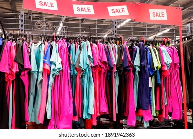 Activewear t-shirts on the rack at the sport warehouse store. Women sportwear sale