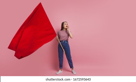 Activist And Revolutionary, Young Woman With A Red Flag On A Pink Background. Feminism And The Struggle For Rights, Concept