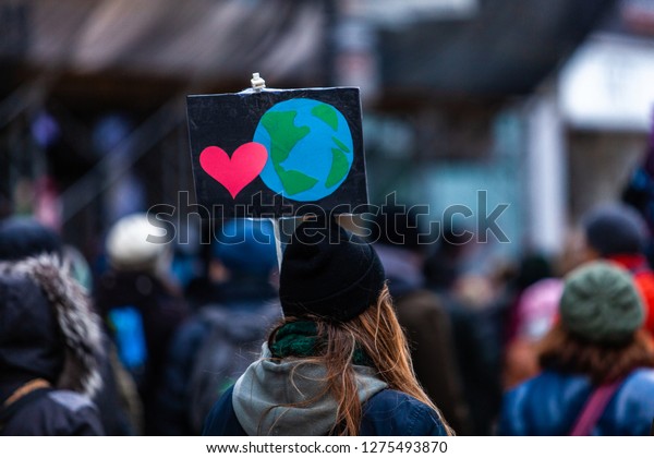 Activists marching for the environment. French\
sign seen in an ecological protest with a planet earth and a heart.\
Shot from behind