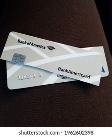 Acton, CA USA - March 11, 2021: Bank Of America Credit Card Unusable Split In Half On Dark Background